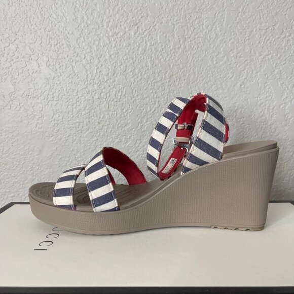 Crocs Leigh 15313 Wedge Sandals Ankle Strappy White Striped Women's Size 9 US - Picture 5 of 11